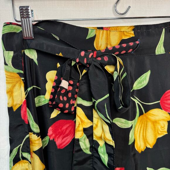 MICHAL Floral Midi Wrap Skirt Size M Black Red Romantic Feminine Ruffles Flowy - Picture 2 of 9